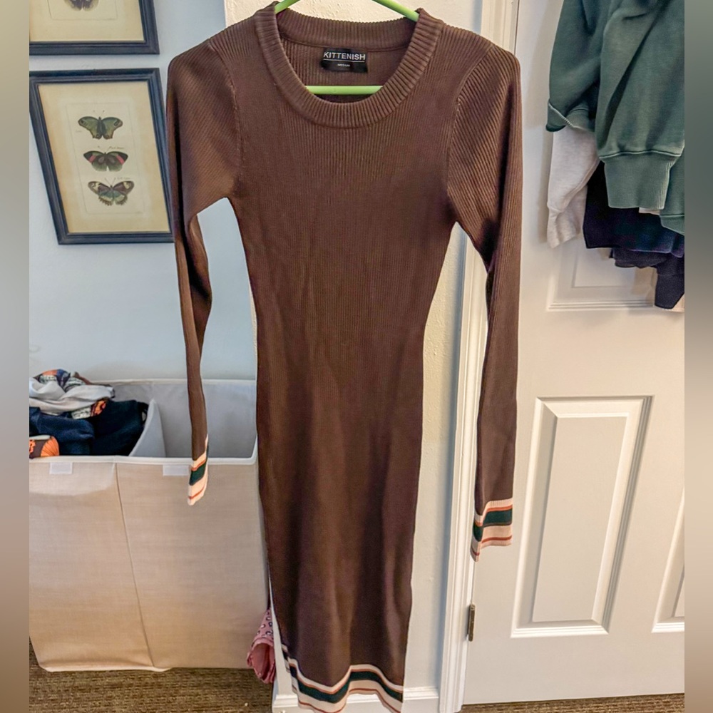 Kittenish Long Sleeve Brown Dress with Striped Cuffs